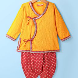 Exclusive from Jaipur Cotton Woven Full Sleeves Floral Printed & Sequin Embroiderd Kurta Dhoti Set - Orange & Red-image-54