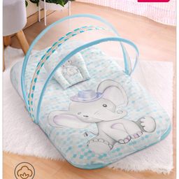 Babyhug 100% Cotton Digital Print Mattress Set with Mosquito Net Elephant Print - Blue-27