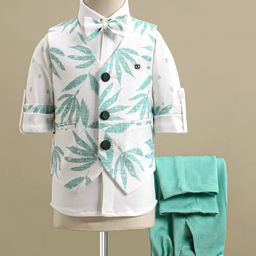 Rikidoos Full Sleeves Abstract Printed Shirt With Waistcoat Pant & Bow Set - Sea Green-image-46