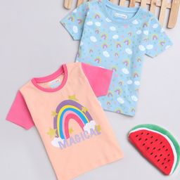 BUMZEE Cotton Woven Half Sleeves T-Shirts with Rainbow & Magical Text Print Pack Of 2 - Light Blue & Peach-picture-16