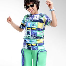 Ollington St. Cotton Half Sleeves Animal Printed T-Shirt & Knit Shorts Set - Multicolor & Green-picture-22