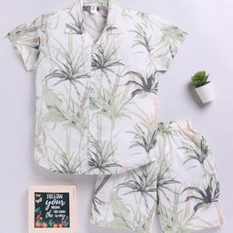 Clt.s Cotton Woven Half Sleeves Leaves Printed Coordinating Night Suit Set - Multi Colour-image-86