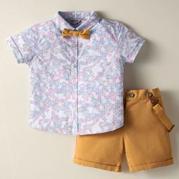 ToffyHouse Poplin Woven Half Sleeves Printed Shirt & Shorts With Bow & Suspender - Gold-image-98