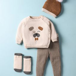 Yellow Apple Knit Full Raglan Sleeves Sweater Set with Animal Design Booties & Cap - Cream-image-6