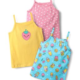 Babyhug 100% Cotton Single Jersey Knit Sleeveless Slips With Heart & Tropical Theme Print Pack Of 3 - Pink Yellow & Light Blue-image-70