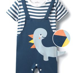 Mark & Mia Cotton Knit Half Sleeve Romper with Stripe Design & Dino Print - Navy Blue & White-image-89