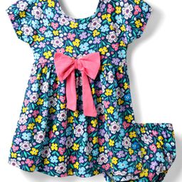 Babyhug Single Jersey Knit Half Sleeves Frock & Bloomer with Floral Print & Bow Applique - Navy Blue-image-96