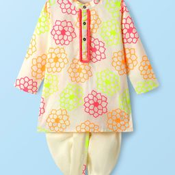 EARTHY TOUCH Cotton Woven Mandarin Collar Full Sleeves Kurta Dhoti Set with Floral Print - Off White-image-82