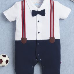 BUMZEE Cotton Knit Half Sleeves Bow Applique & Attached Suspender Printed Party Romper - Navy Blue & White-image-75