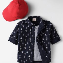 Rikidoos Full Sleeves Ship Printed Shirt With Attached Tee & Cap - Navy Blue & Grey-image-56