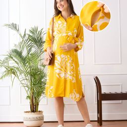 Bella Mama Woven Three Fourth Sleeves Maternity Shirt Dress With Floral Print - Yellow-image-18