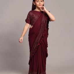 SHRITHI Fashion Fab Sinker Woven Sequins Embellished Wrap Around Saree With Unstitched Blouse Piece - Wine-image-4