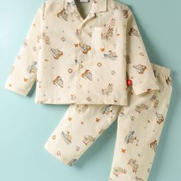 Mini Taurus Textile Woven Full Sleeves Co-ords Night Suit with Nautical Theme Print - Rust Orange & Cream-image-47