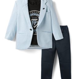 Dapper Dudes Full Sleeves Chevron Textured Blazer With Typography Printed Tee & Pant Set - Blue-picture-12
