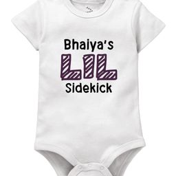 Zeezeezoo 100% Cotton Knit Rakshabandhan Theme Half Sleeves Bhaiyas Lil Sidekick Text Printed Onesie - White-picture-8