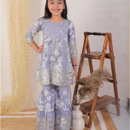 Ka-mee Cotton Woven Three Fourth Sleeves Floral Printed Gota Lace Embellished Kurti & Sharara Set - Purple-picture-16