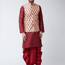 SOJANYA Men Maroon & Beige Self Design Kurta with Dhoti Pants-picture-3