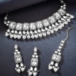 Peora Rhodium White Ethnic Crystal Kundan & Beads Studded Necklace, Earring & MaangTikka Set-11
