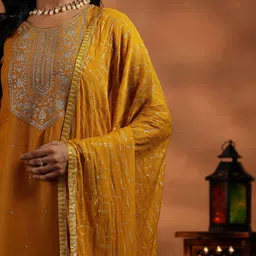 Libas Floral Embroidered Sequinned Dobby Weave Straight Kurta With Trousers & Dupatta image 4