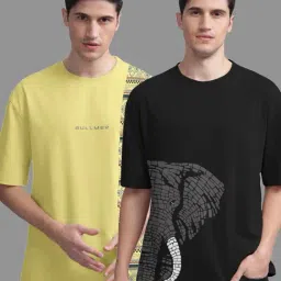 Bullmer Black & Yellow Cotton Oversized Fit Printed T-Shirt - Pack Of 2-image-26