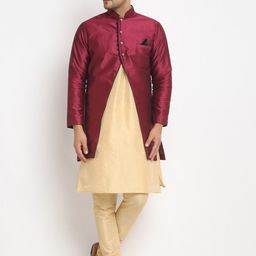 Benstoke Men Gold Coloured & Purple Solid Sherwani Set-image-98