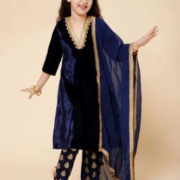 Piccolo Kids Navy Embellished Straight Fit Kurti, Pants & Dupatta-image-50