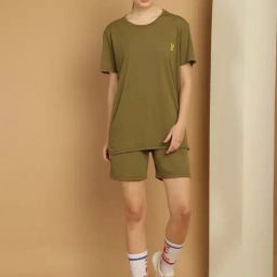 Vimal Jonney Olive Green Cotton Sports T-Shirt Shorts Set-picture-4