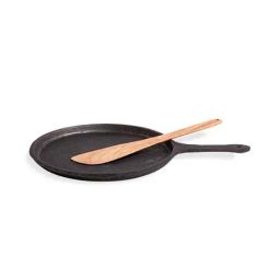 The Indus Valley Black Cast Iron Tawa with Neem Wood Compact Flipper - Set of 1-10
