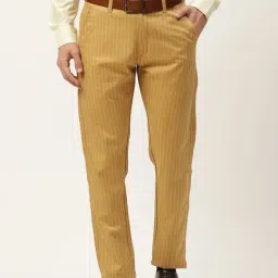 Sojanya Gold Cotton Regular Slim Fit Striped Flat Front Trousers-picture-14