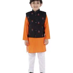 Ahhaaaa Kids Blue & Orange Cotton Floral Print Kurta Set-image-60
