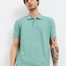 Spykar Green Cotton Slim Textured Polo T-Shirt-image-48
