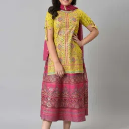 Aurelia Kids Yellow & Pink Floral Print Kurta, Skirt with Dupatta-image-29