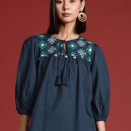 all about you Embroidered Tie-Up Neck Cotton Linen Top-image-57
