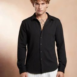 Campus Sutra Onyx Black Rope-Striped Tactile Shirt-picture-18