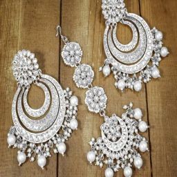 Peora Silver White Ethnic Kundan & Lariya Studded Earring & Maangtikka Set-5