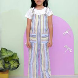The Mom Store Girls Multicolor Cotton Striped Dungaree With Top Set-picture-26