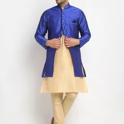 Benstoke Men Gold-Coloured & Blue Woven-Design Sherwani Set-image-97