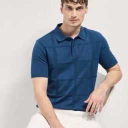 The Bear House Blue Cotton Slim fit Textured Polo Shirt-image-111