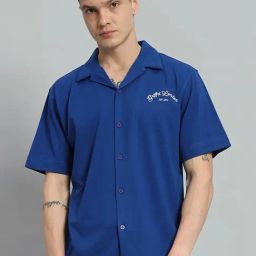 Griffel Blue Cotton Loose Fit Printed Shirt-image-26