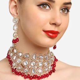 Zaveri Pearls Rani Pink Cluster Beads Drop Bridal Necklace Earring & Maangtikka Set-ZPFK16903-14