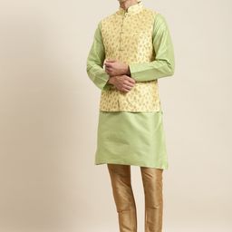 SOJANYA Men Green Striped Kurta with Churidar & Nehru Jacket-picture-44