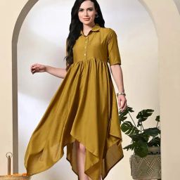 DECKEDUP Mustard Regular Fit High-low Dress-14