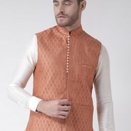 DEYANN Men Orange Woven-Design Jacquard Silk Nehru Jacket-17