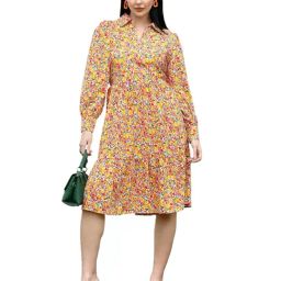 Melon by PlusS Mustard & Pink Printed A Line Dress-image-31