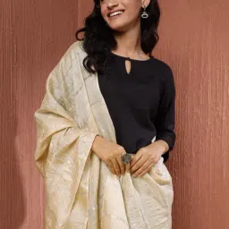 Fabindia Beige-Silver Silk Blend Woven Dupatta-image-100