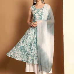 Jompers Blue & White Printed Kurta Palazzo Set With Dupatta-image-73