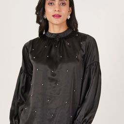 U&F Embellished Choker Neck Puff Sleeve Satin Top-image-72