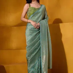 Taneira Green Striped Saree With Unstitched Blouse-image-81