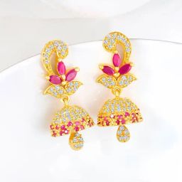 Peora Gold Plated Pink Cubic Zirconia Studded Jhumki Earrings-image-91
