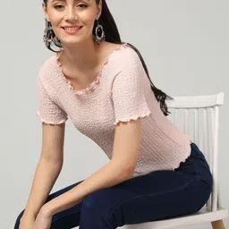 clobug Women Ribbed Round Neck Crepe Fitted Top-picture-4